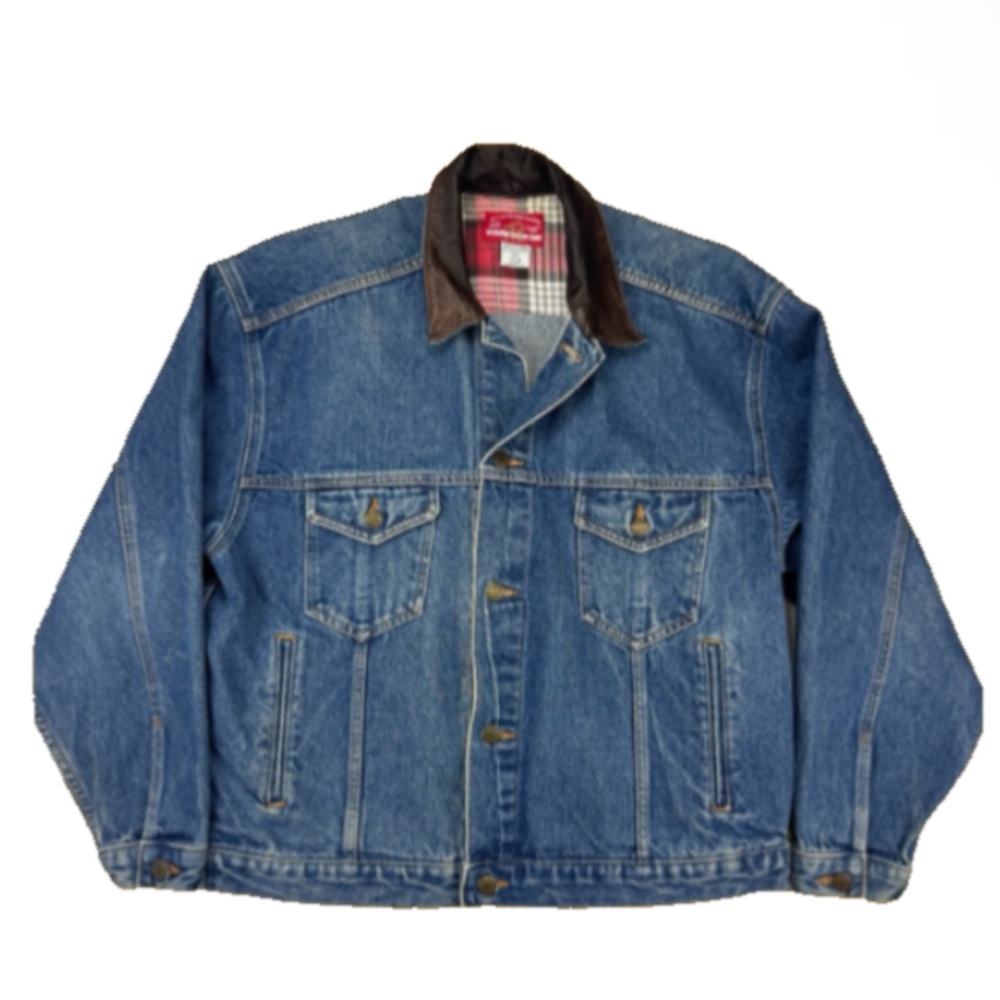VTG 90s Marlboro Country Store Denim Trucker Jacket Mens XL Leather Collar USA